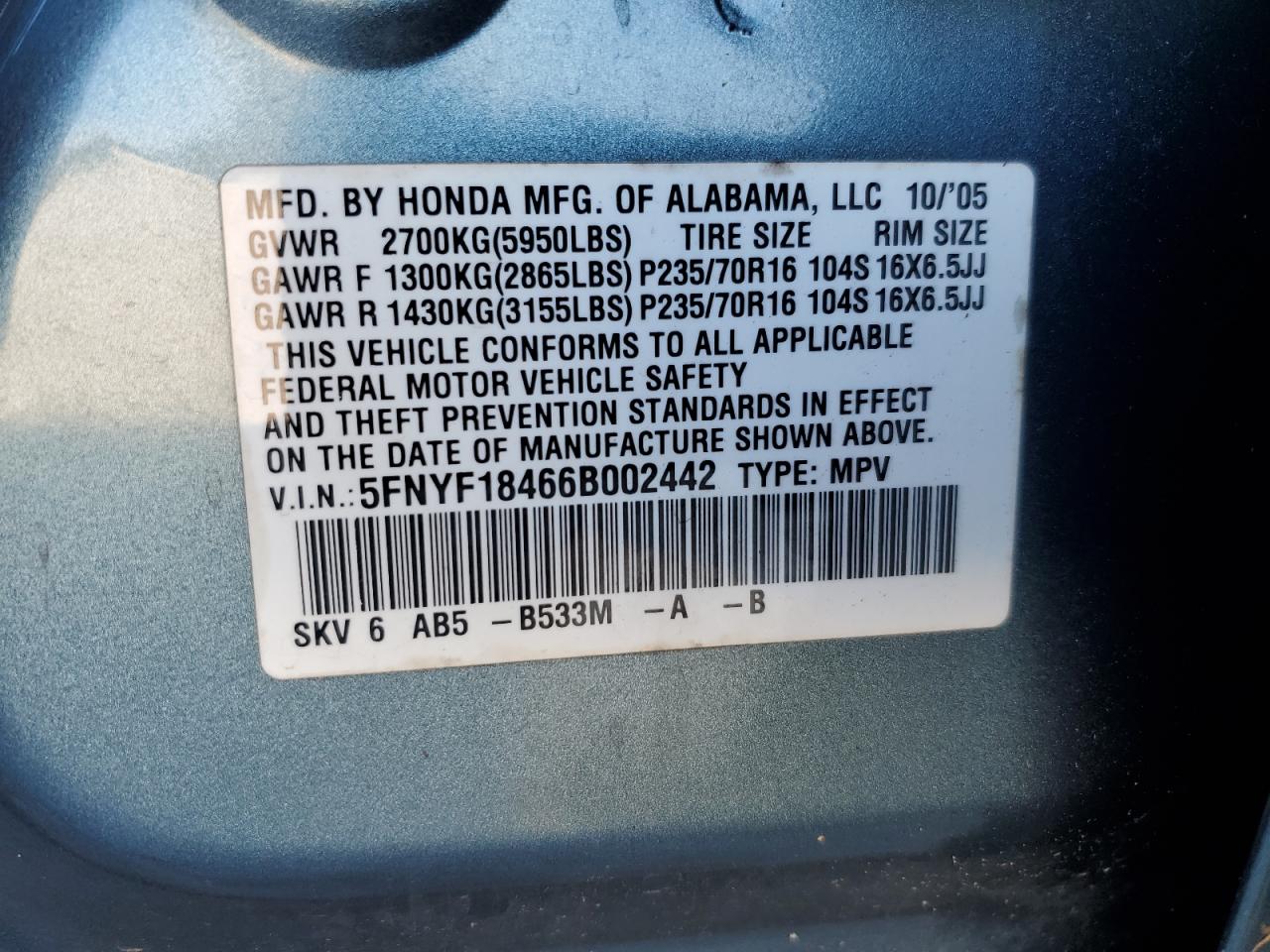 2006 Honda Pilot VIN 5FNYF18466B002442 Copart auction photo, all over damage thumbnail 13