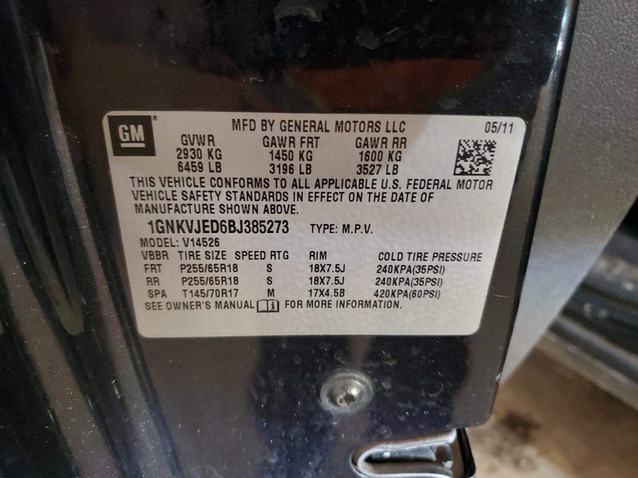 2011 Chevrolet Traverse VIN 1GNKVJED6BJ385273 Copart auction photo, front end damage thumbnail 13