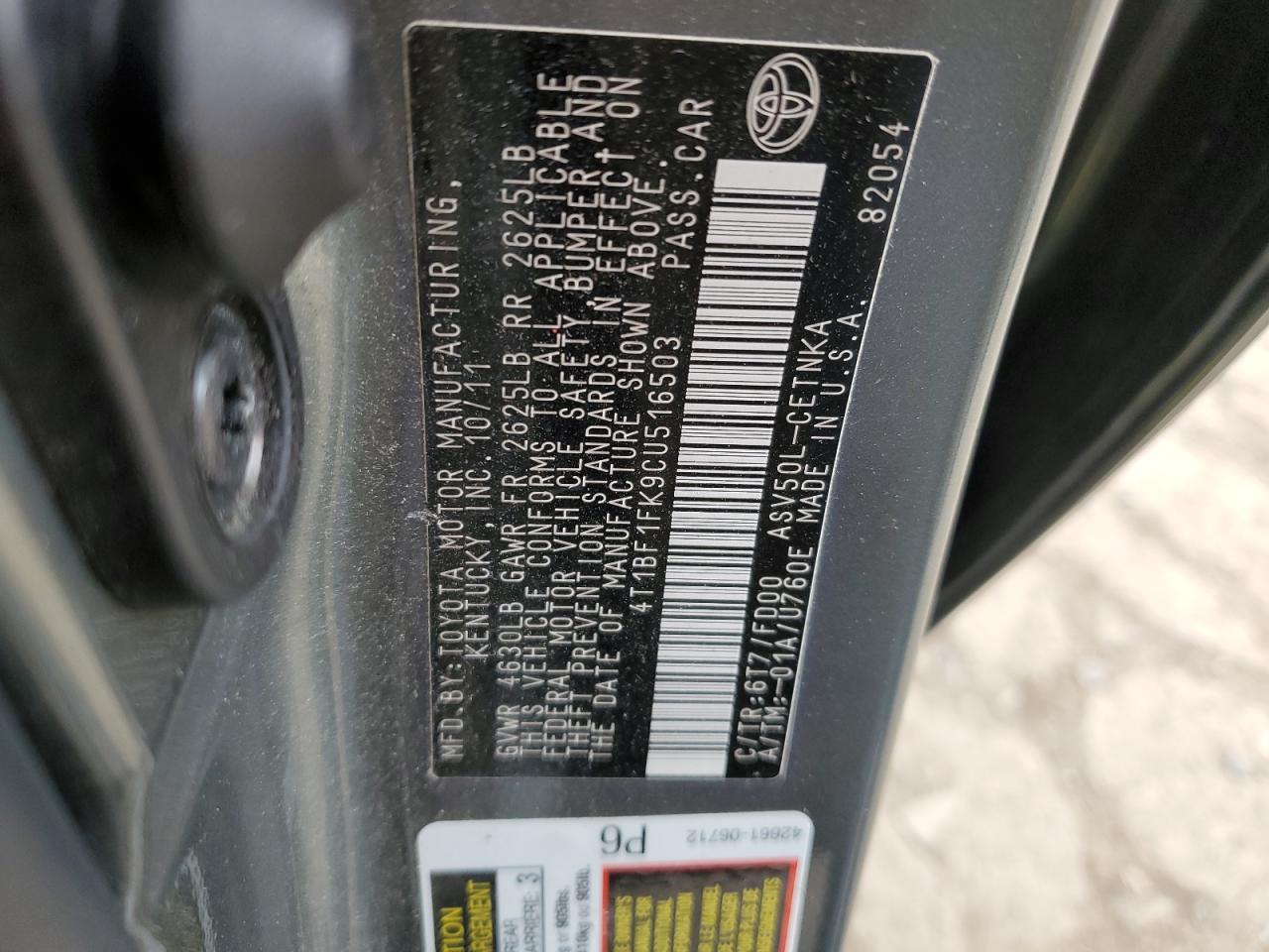 2012 Toyota Camry VIN 4T1BF1FK9CU516503 Copart auction photo, front end damage thumbnail 12