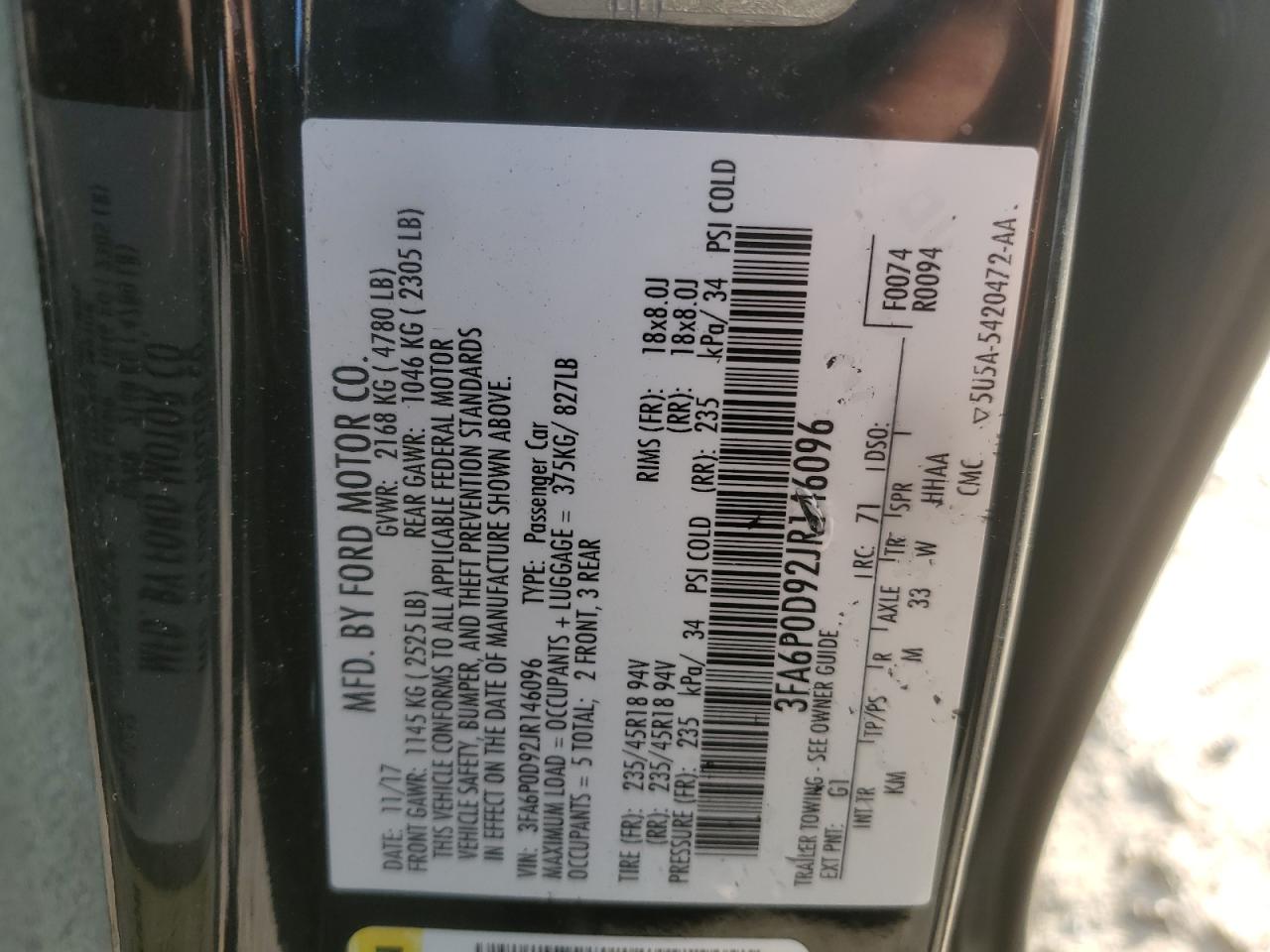 2018 Ford Fusion VIN 3FA6P0D92JR146096 Copart auction photo, front end damage thumbnail 15