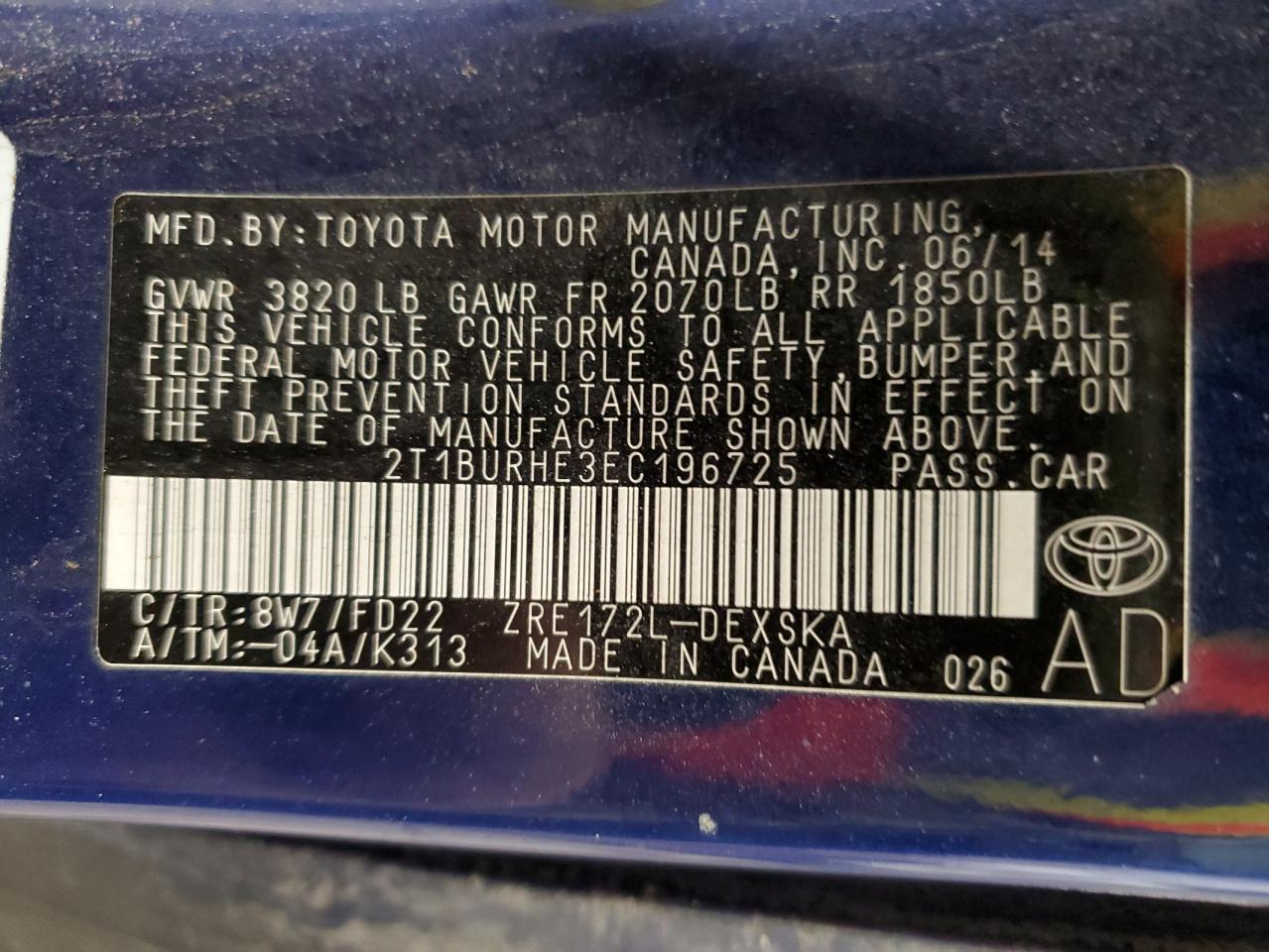 2014 Toyota Corolla VIN 2T1BURHE3EC196725 Copart auction photo, all over damage thumbnail 12
