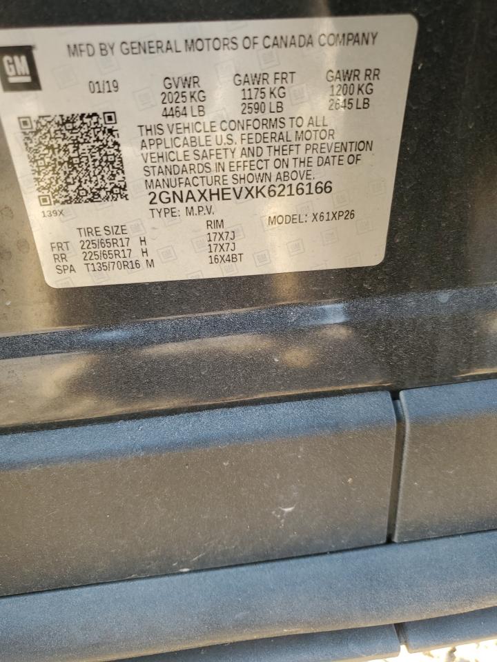 2019 Chevrolet Equinox VIN 2GNAXHEVXK6216166 Copart auction photo, front end / side damage thumbnail 15