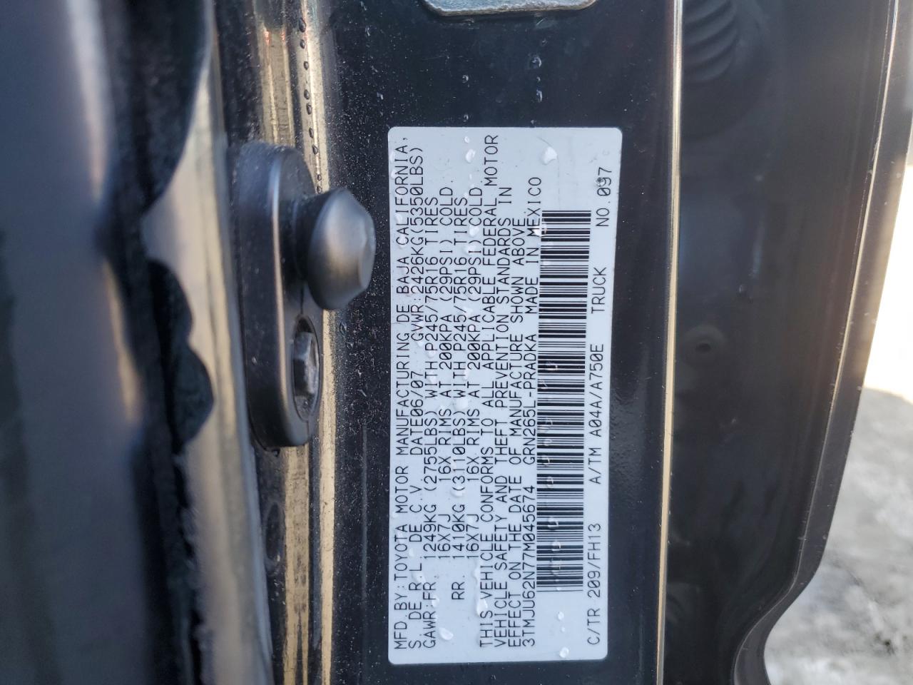 2007 Toyota Tacoma VIN 3TMJU62N77M045674 Copart auction photo, front end damage thumbnail 12