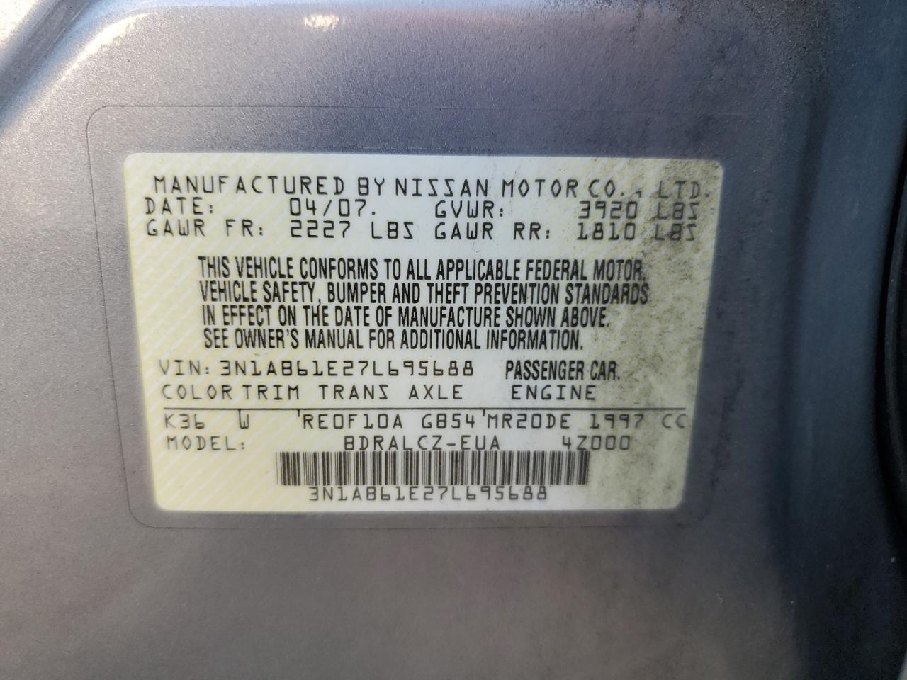 2007 Nissan Sentra VIN 3N1AB61E27L695688 Copart auction photo, front end / rear end damage thumbnail 12