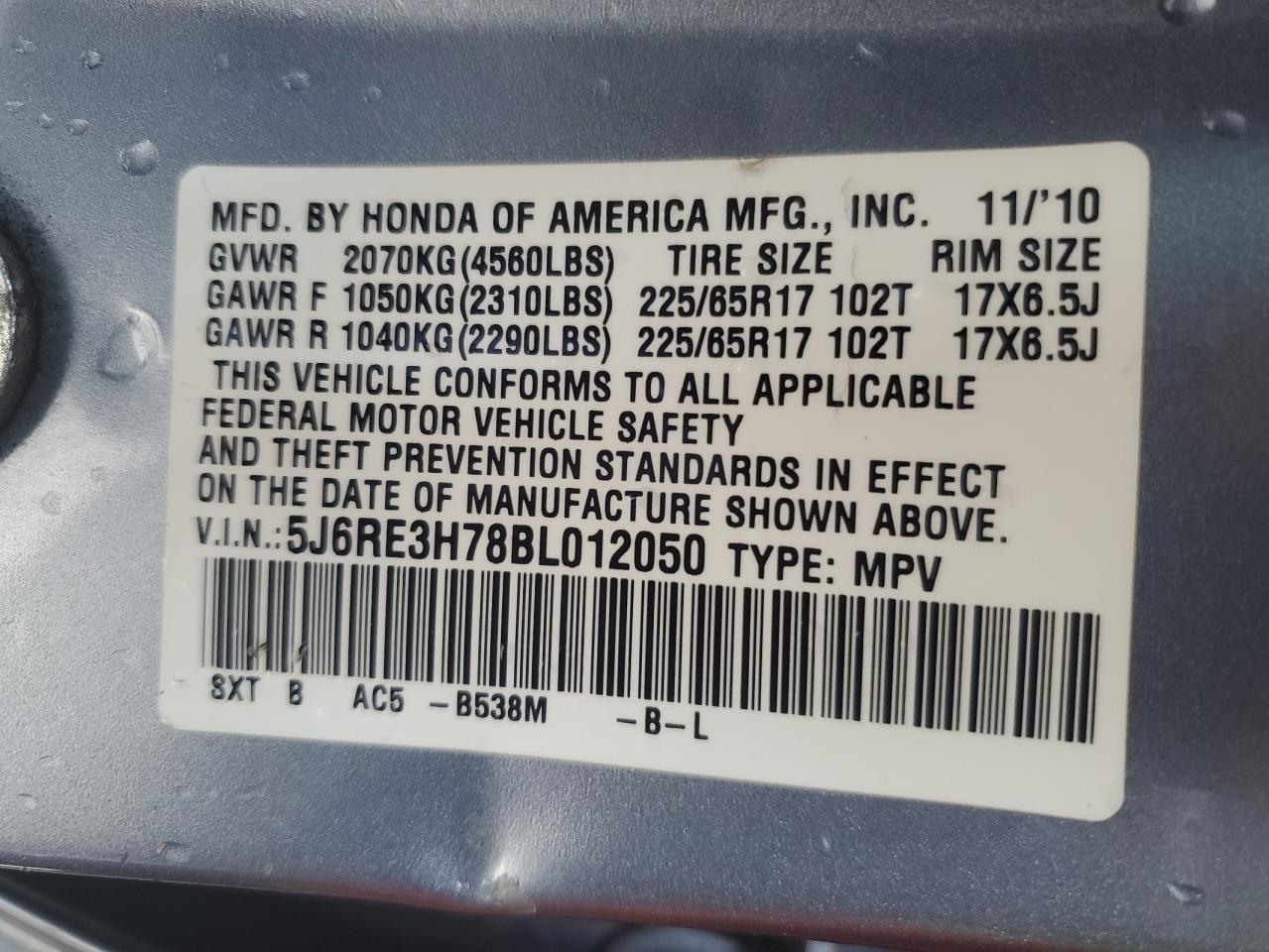 2011 Honda CR-V VIN 5J6RE3H78BL012050 Copart auction photo, all over damage thumbnail 13