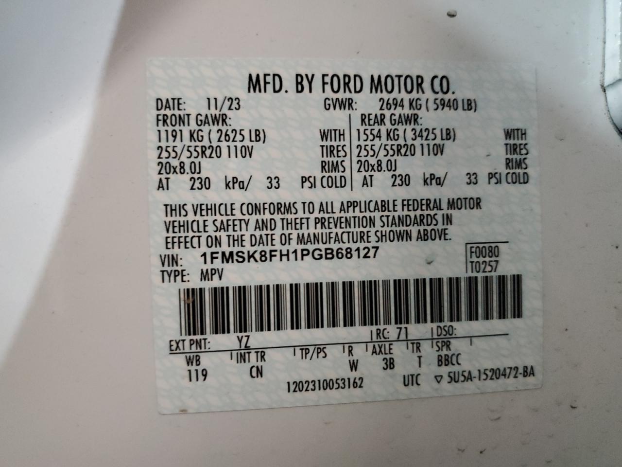 2023 Ford Explorer VIN 1FMSK8FH1PGB68127 Copart auction photo, all over damage thumbnail 14