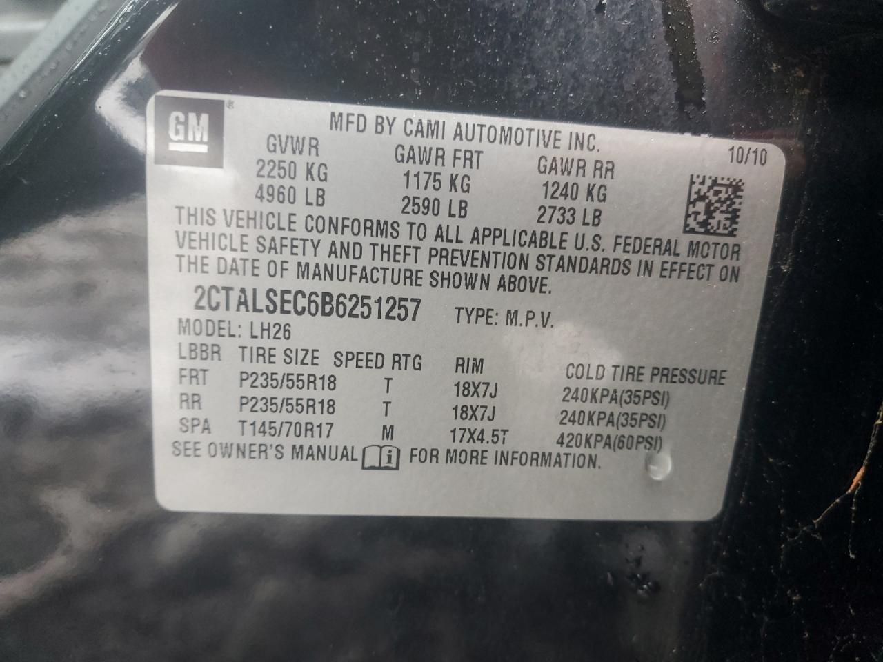 2011 GMC Terrain VIN 2CTALSEC6B6251257 Copart auction photo, mechanical damage thumbnail 13