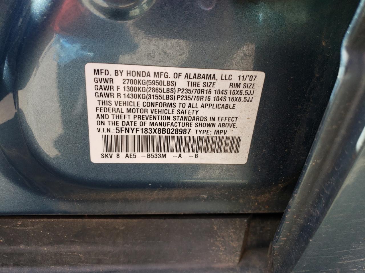 2008 Honda Pilot VIN 5FNYF183X8B028987 Copart auction photo, front end damage thumbnail 15
