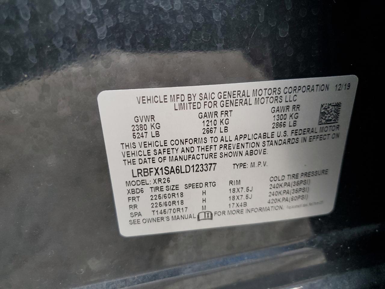 2020 Buick Envision VIN LRBFX1SA6LD123377 Copart auction photo, front end / rear end damage thumbnail 14