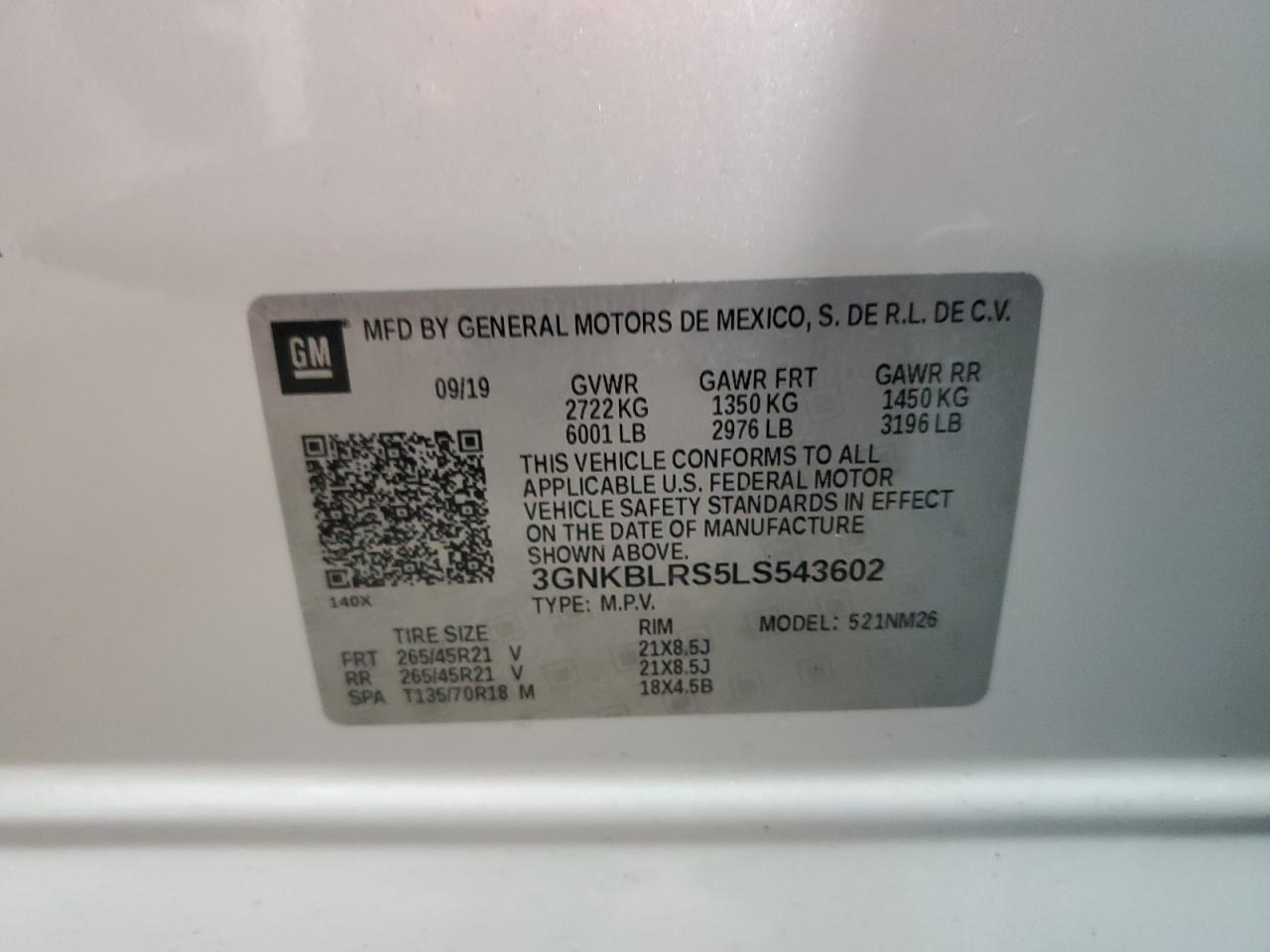 2020 Chevrolet Blazer VIN 3GNKBLRS5LS543602 Copart auction photo, front end / undercarriage damage thumbnail 13