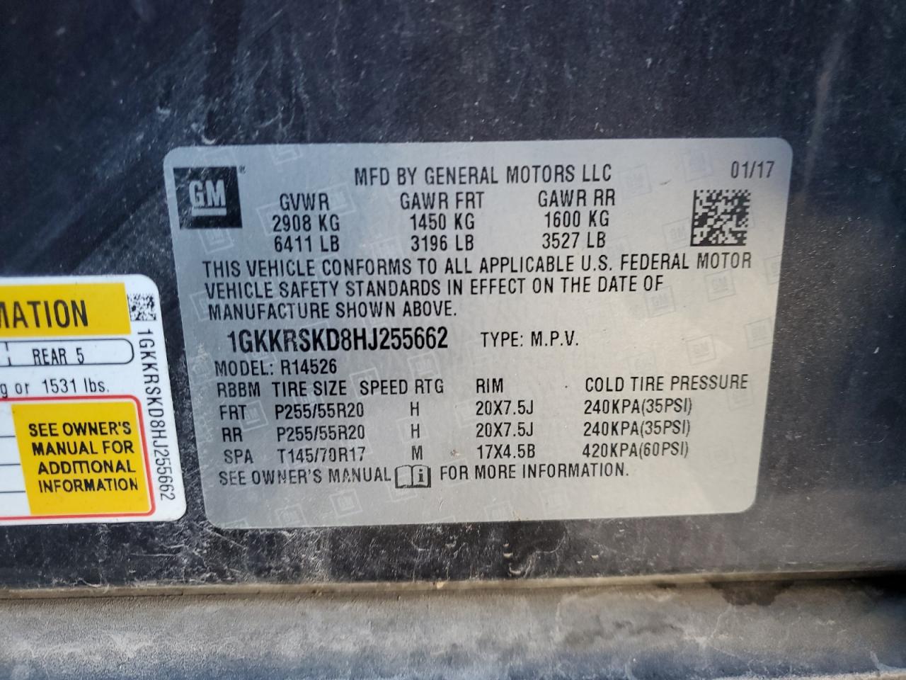 2017 GMC Acadia VIN 1GKKRSKD8HJ255662 Copart auction photo, front end / minor dent/scratches damage thumbnail 14