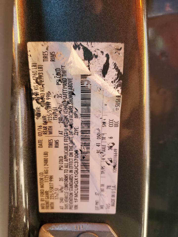 2016 Ford Escape VIN 1FMCU9GX1GUC37006 Copart auction photo, front end damage thumbnail 16