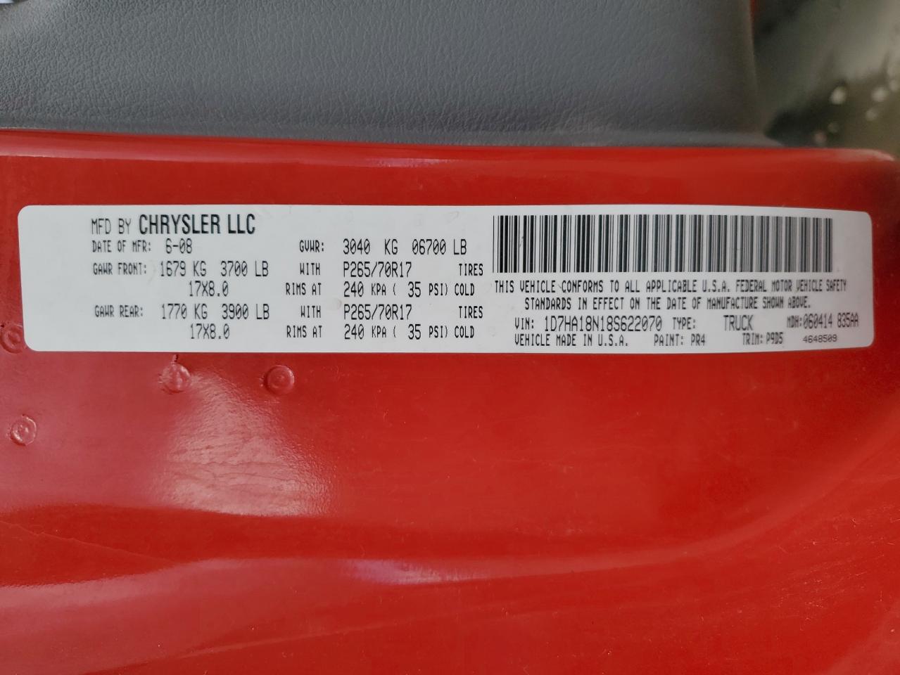 2008 Dodge RAM VIN 1D7HA18N18S622070 Copart auction photo, front end damage thumbnail 13