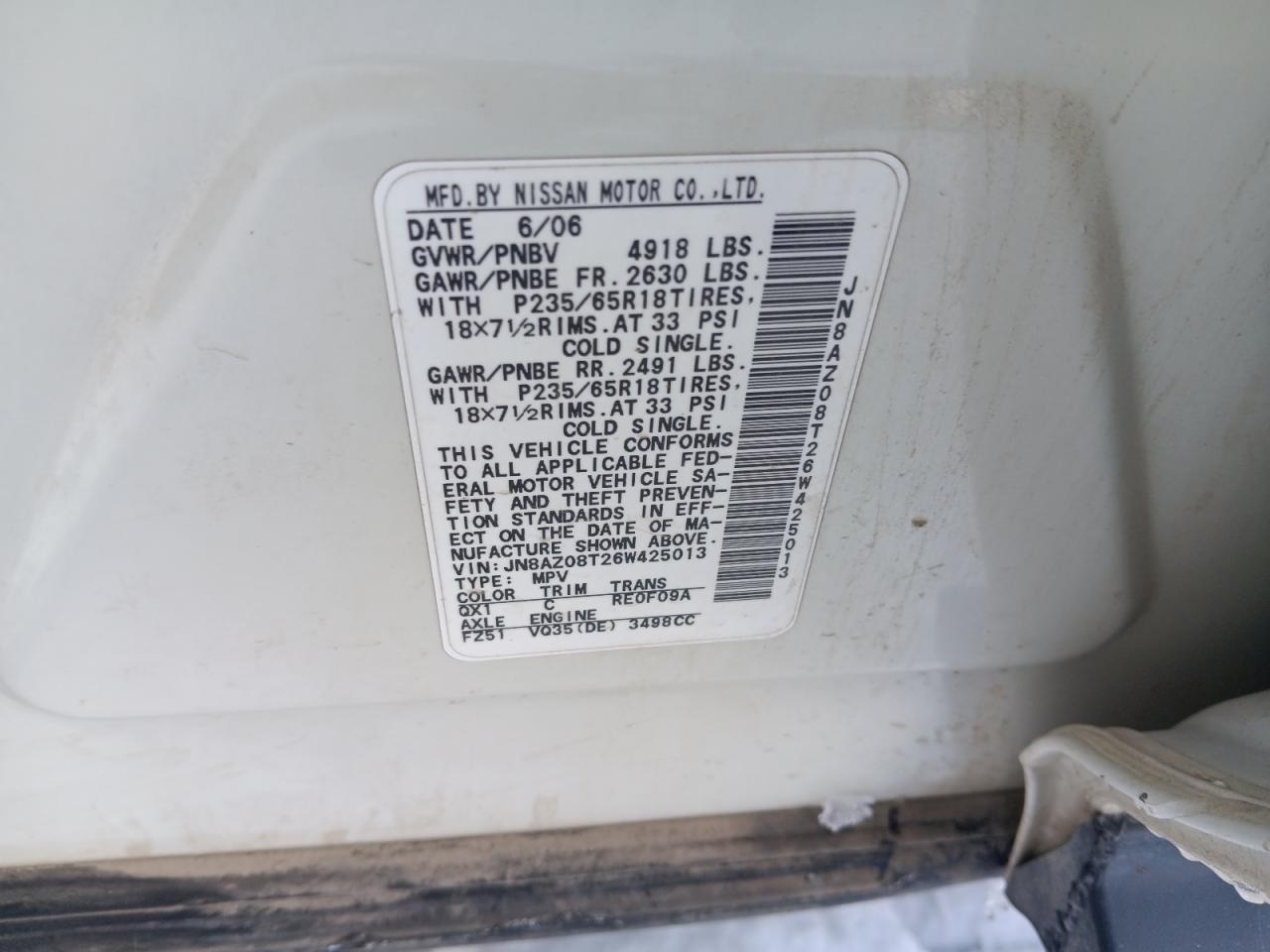 2006 Nissan Murano VIN JN8AZ08T26W425013 Copart auction photo, front end damage thumbnail 13