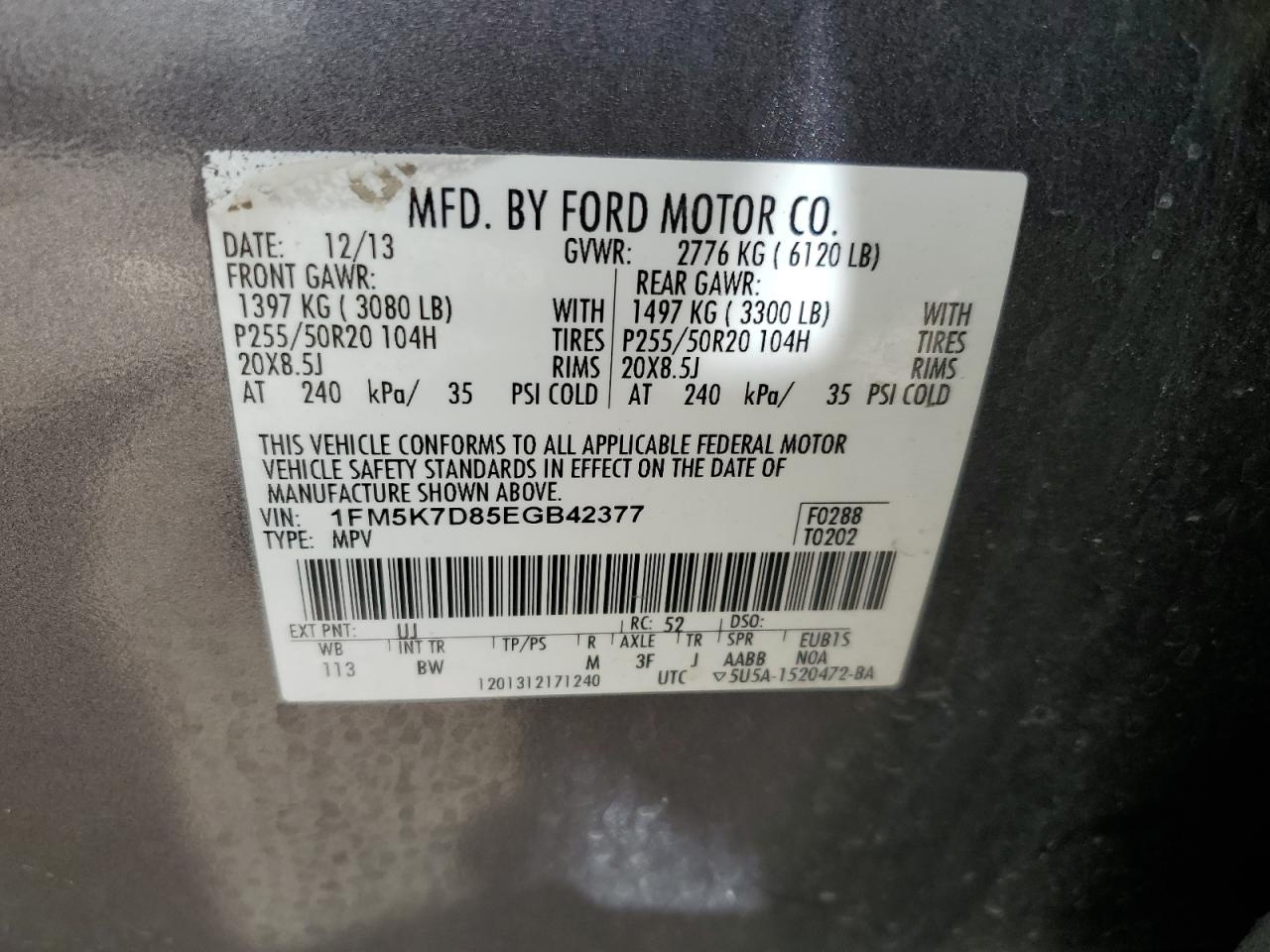 2014 Ford Explorer VIN 1FM5K7D85EGB42377 Copart auction photo, front end damage thumbnail 13