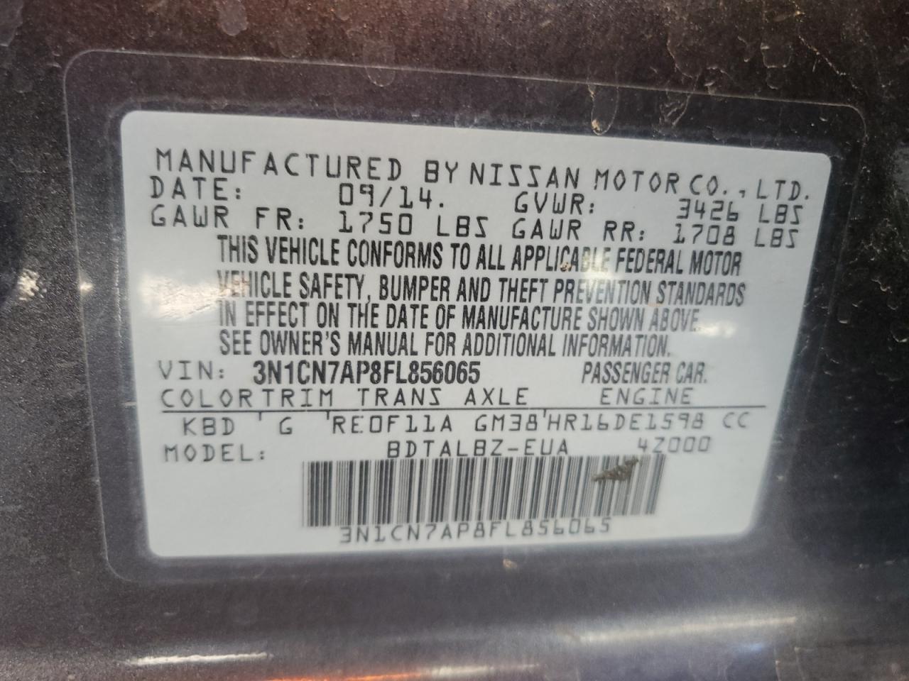 2015 Nissan Versa VIN 3N1CN7AP8FL856065 Copart auction photo, front end damage thumbnail 12