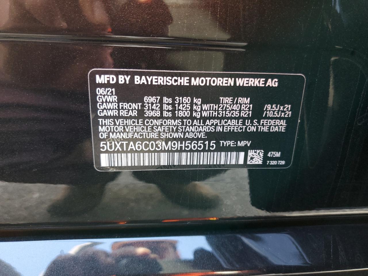 2021 BMW X5 VIN 5UXTA6C03M9H56515 Copart auction photo, front end damage thumbnail 13