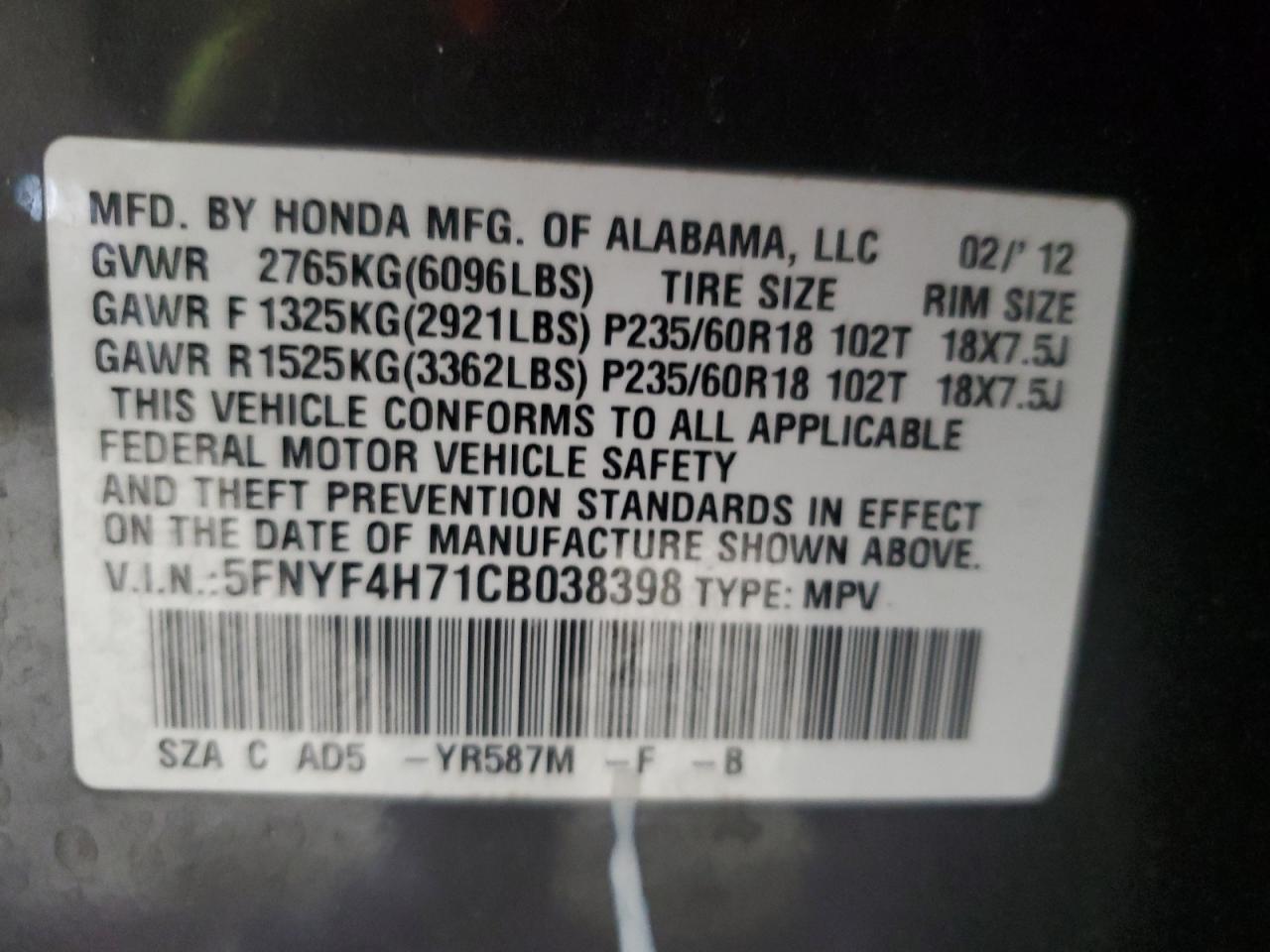 2012 Honda Pilot VIN 5FNYF4H71CB038398 Copart auction photo, front end damage thumbnail 13