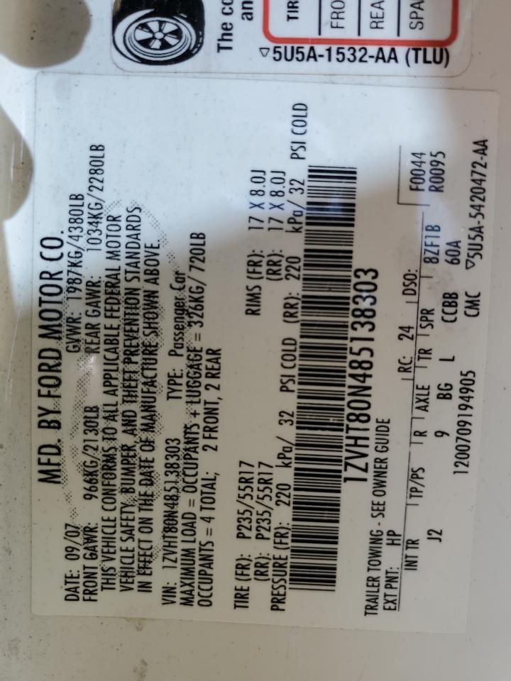 2008 Ford Mustang VIN 1ZVHT80N485138303 Copart auction photo, rear end damage thumbnail 12