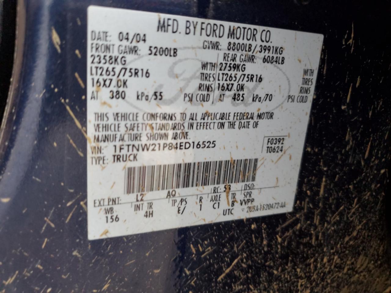 2004 Ford F250 VIN 1FTNW21P84ED16525 Copart auction photo, vandalism / minor dent/scratches damage thumbnail 12