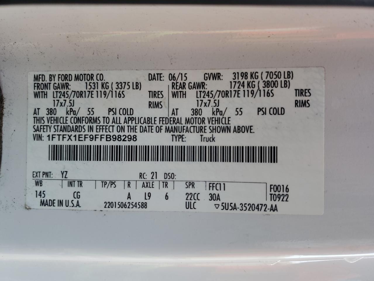 2015 Ford F-150 VIN 1FTFX1EF9FFB98298 Copart auction photo, front end / side damage thumbnail 12