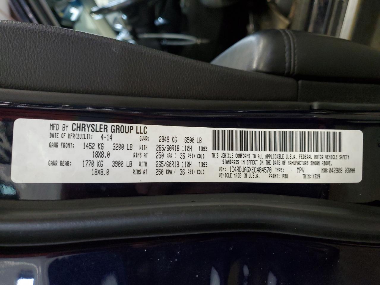 2014 Dodge Durango VIN 1C4RDJAGXEC484570 Copart auction photo, front end / minor dent/scratches damage thumbnail 13