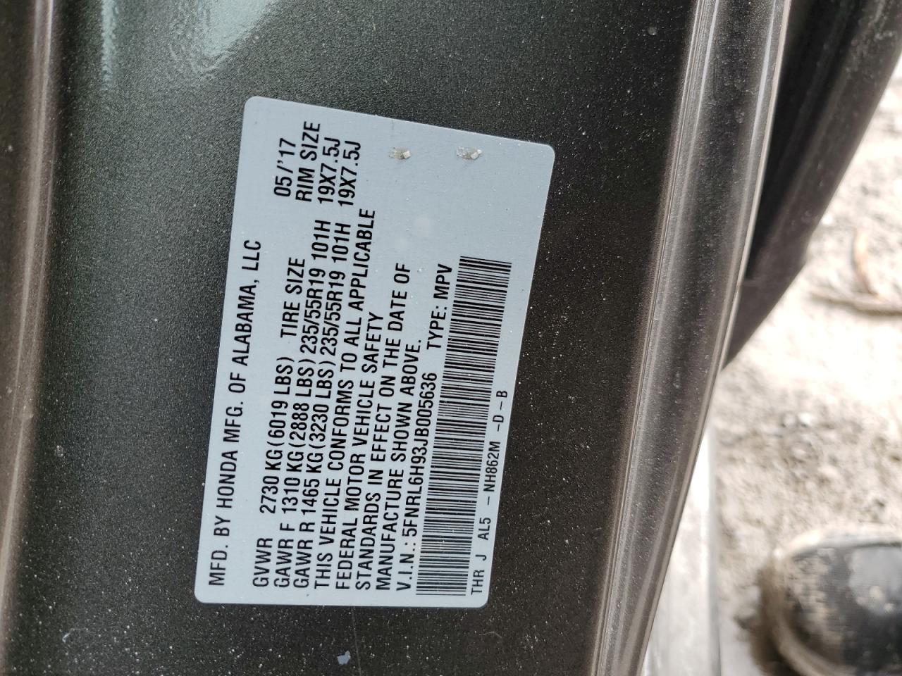 2018 Honda Odyssey VIN 5FNRL6H93JB005636 Copart auction photo, front end damage thumbnail 15