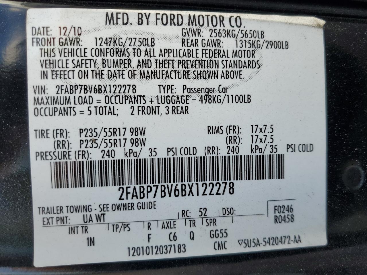2011 Ford Crown Victoria VIN 2FABP7BV6BX122278 Copart auction photo, rear end / undercarriage damage thumbnail 15