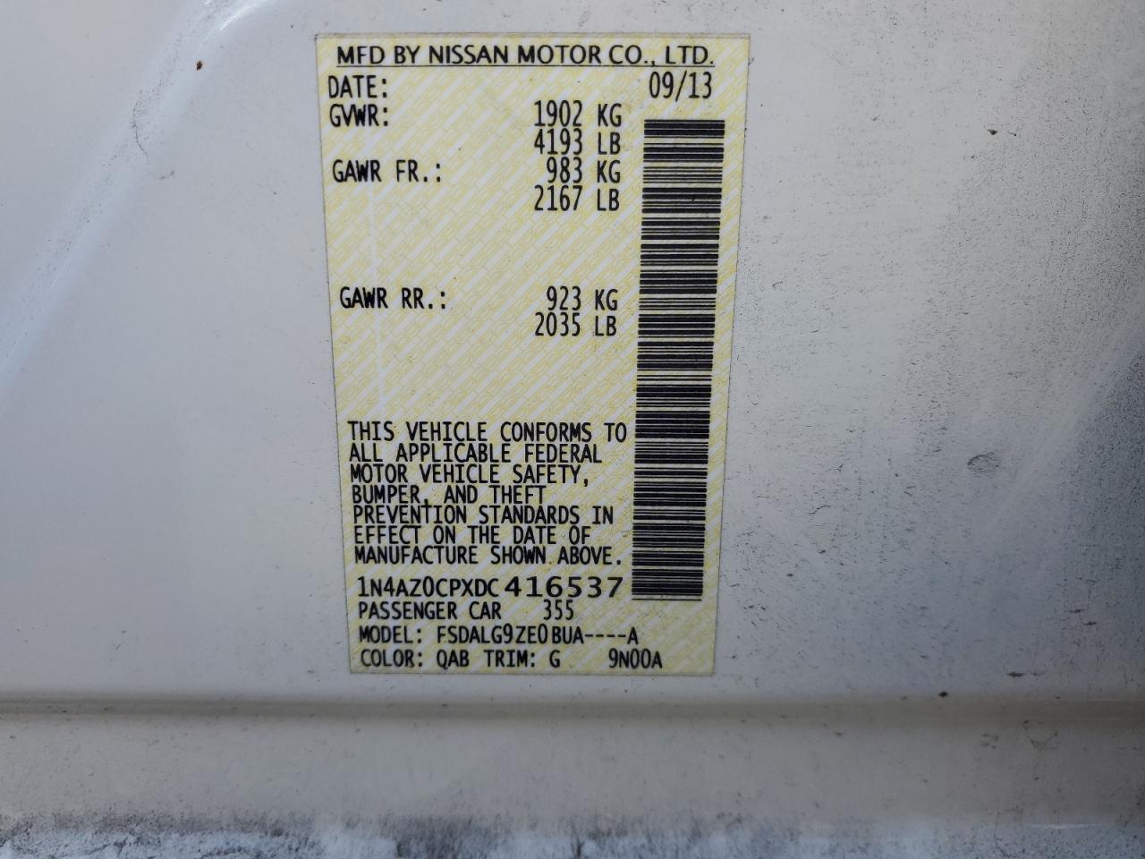 2013 Nissan Leaf VIN 1N4AZ0CPXDC416537 Copart auction photo, front end damage thumbnail 13