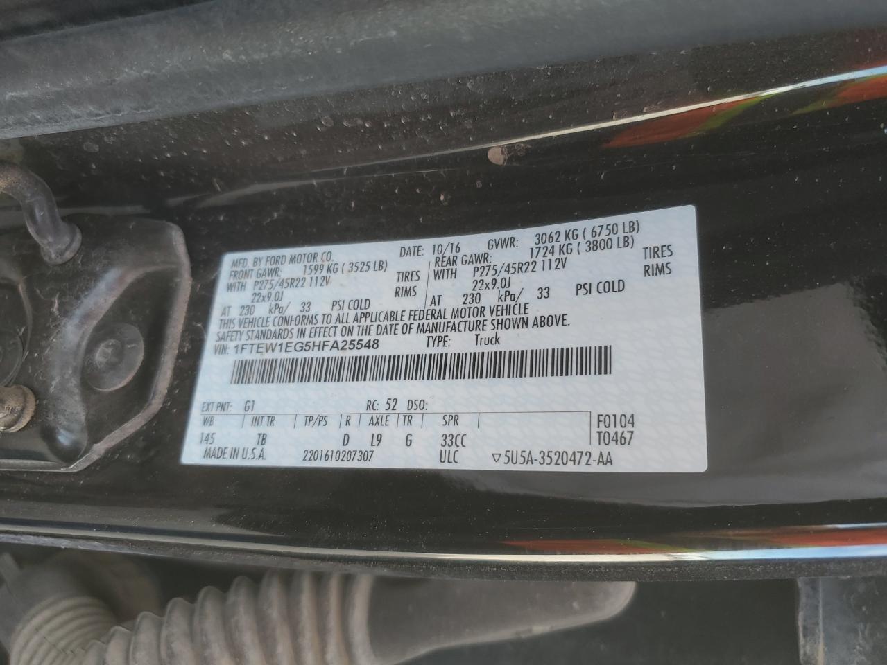 2017 Ford F-150 VIN 1FTEW1EG5HFA25548 Copart auction photo, all over damage thumbnail 15