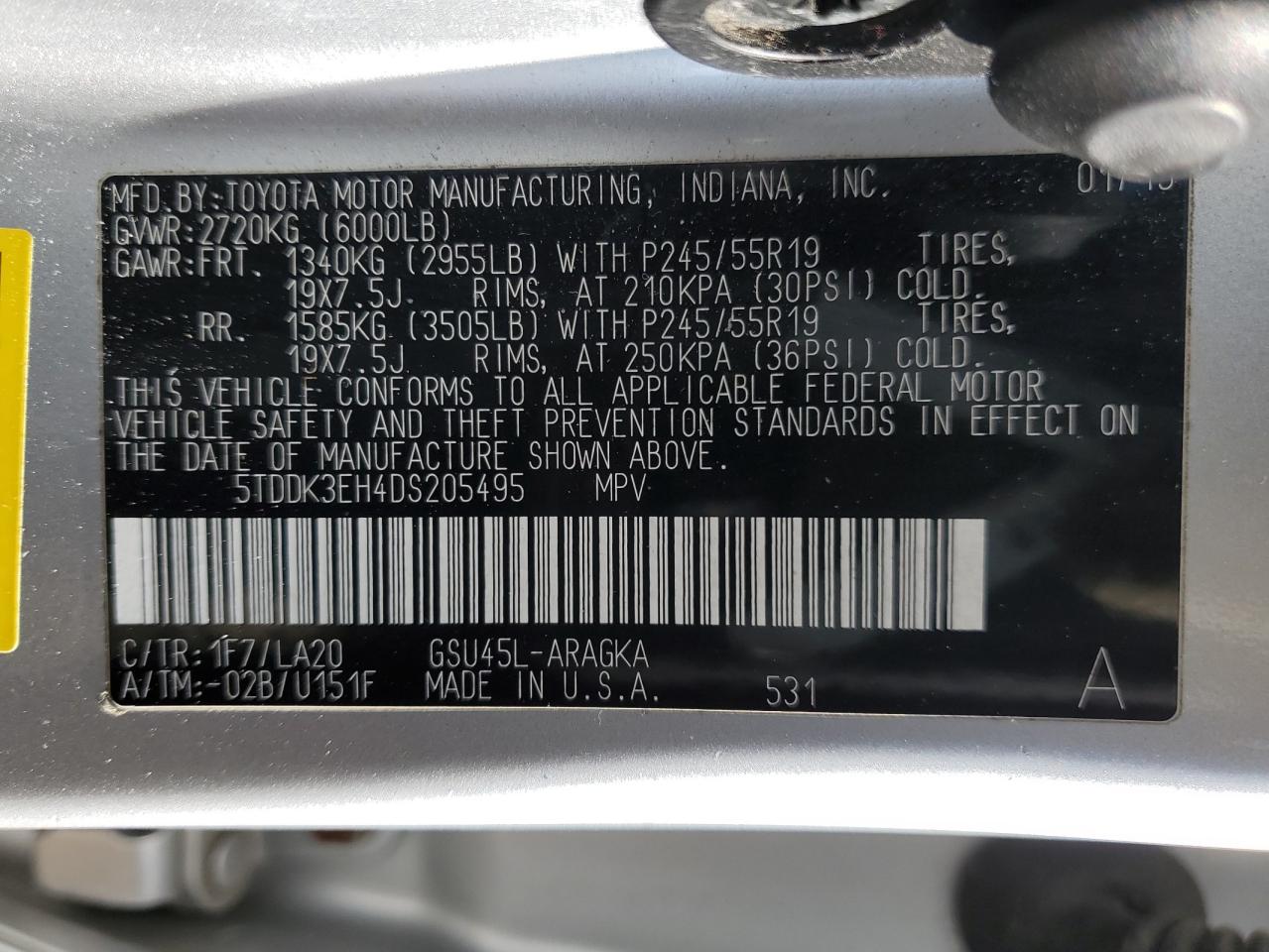 2013 Toyota Highlander VIN 5TDDK3EH4DS205495 Copart auction photo, rear end / side damage thumbnail 15