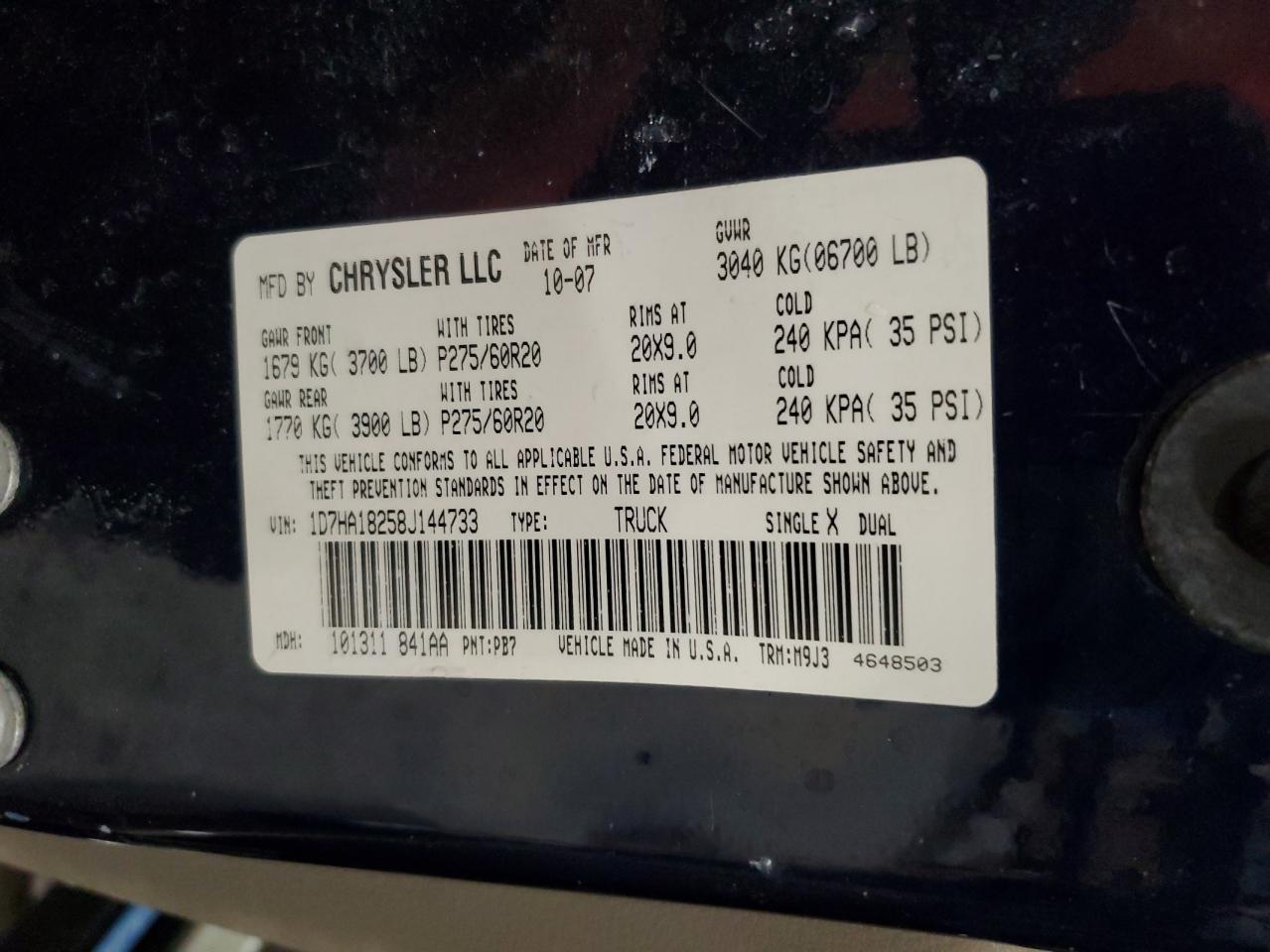 2008 Dodge RAM VIN 1D7HA18258J144733 Copart auction photo, front end damage thumbnail 12