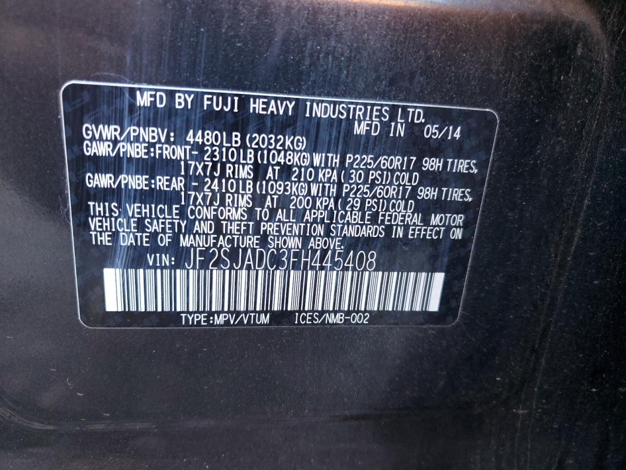 2015 Subaru Forester VIN JF2SJADC3FH445408 Copart auction photo, front end / side damage thumbnail 13