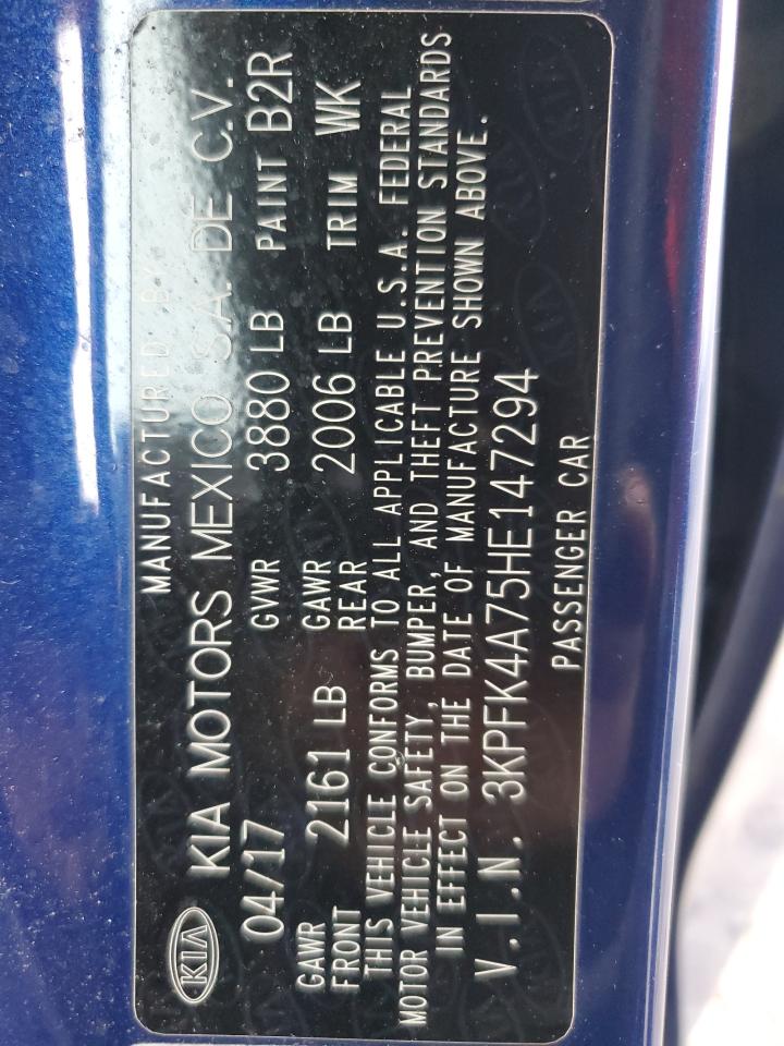 2017 KIA Forte VIN 3KPFK4A75HE147294 Copart auction photo, front end / side damage thumbnail 12