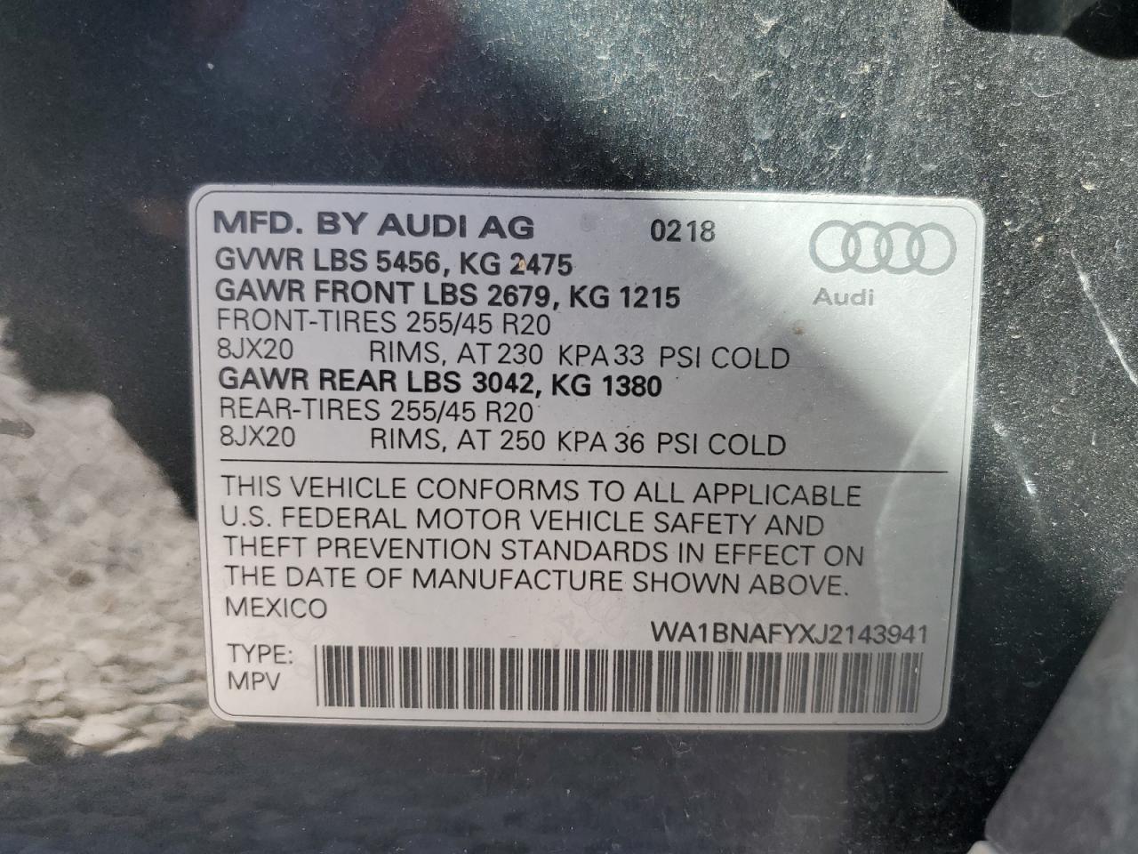 2018 Audi Q5 VIN WA1BNAFYXJ2143941 Copart auction photo, front end / minor dent/scratches damage thumbnail 13