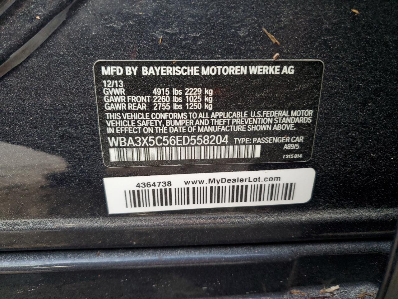 2014 BMW 3er VIN WBA3X5C56ED558204 Copart auction photo, water/flood damage thumbnail 13