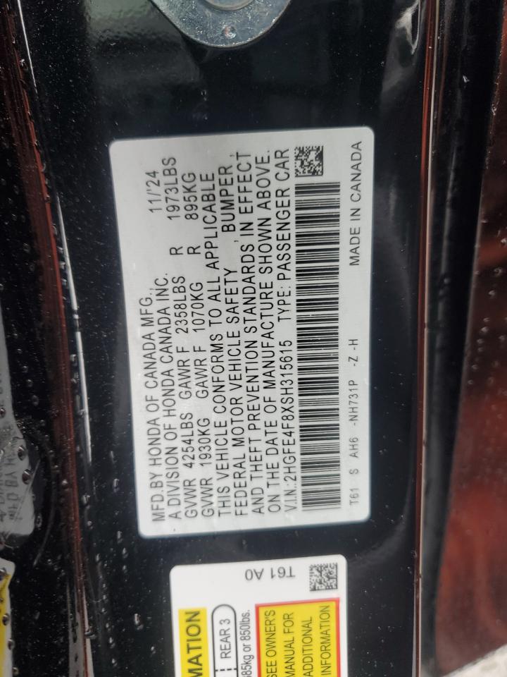 2025 Honda Civic VIN 2HGFE4F8XSH315615 Copart auction photo, front end / side damage thumbnail 14