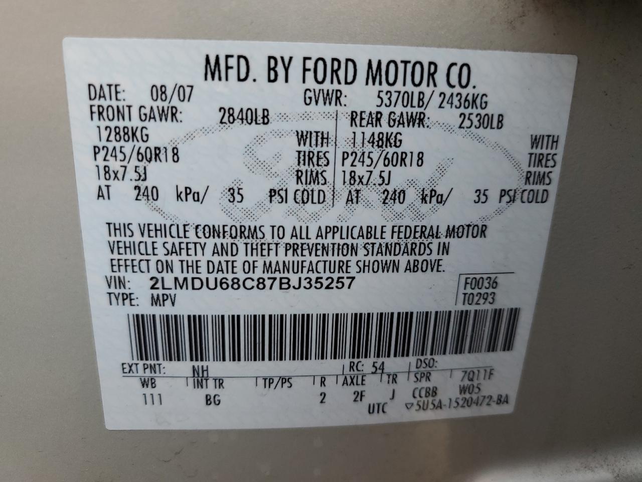 2007 Lincoln MKX VIN 2LMDU68C87BJ35257 Copart auction photo, vandalism damage thumbnail 13