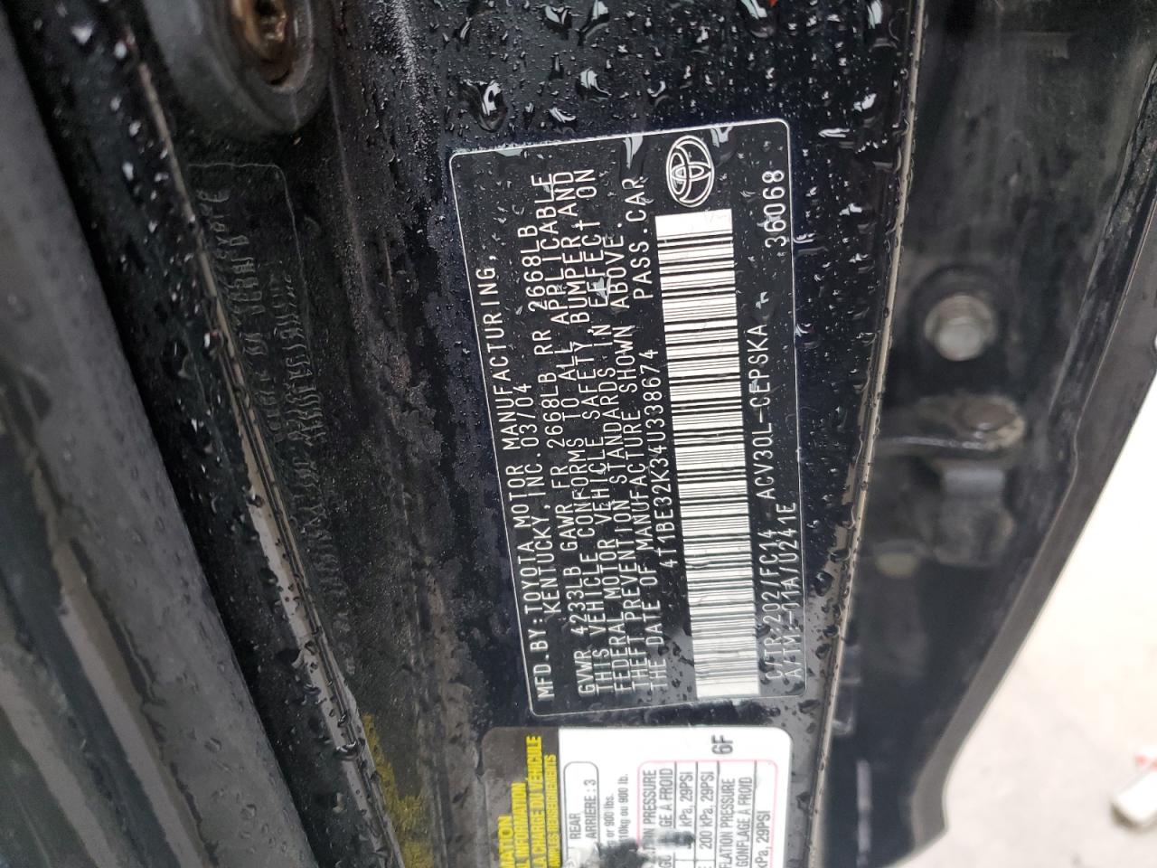 2004 Toyota Camry VIN 4T1BE32K34U338674 Copart auction photo, front end damage thumbnail 12