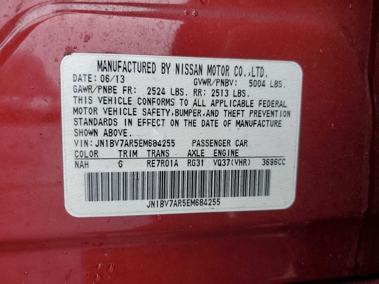 2014 Infiniti Q50 VIN JN1BV7AR5EM684255 Copart auction photo, front end damage thumbnail 13
