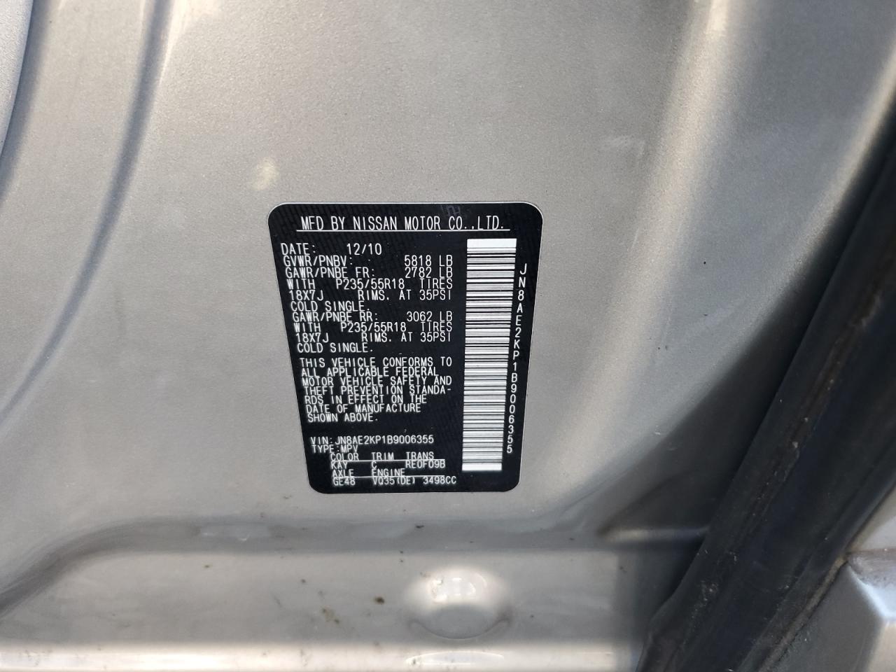 2011 Nissan Quest VIN JN8AE2KP1B9006355 Copart auction photo, front end damage thumbnail 15
