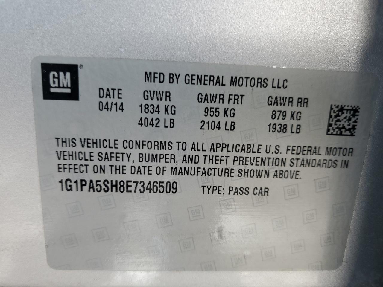 2014 Chevrolet Cruze VIN 1G1PA5SH8E7346509 Copart auction photo, front end / side damage thumbnail 12