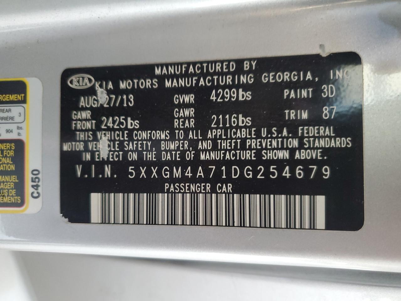 2013 KIA Optima VIN 5XXGM4A71DG254679 Copart auction photo, side damage thumbnail 14