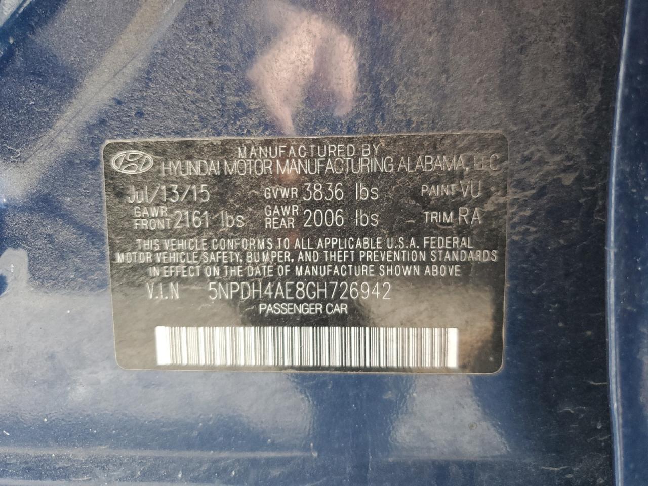 2016 Hyundai Elantra VIN 5NPDH4AE8GH726942 Copart auction photo, front end / side damage thumbnail 12