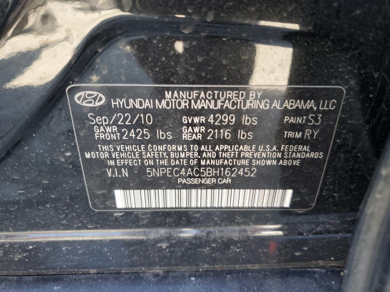 2011 Hyundai Sonata VIN 5NPEC4AC5BH162452 Copart auction photo, vandalism damage thumbnail 12