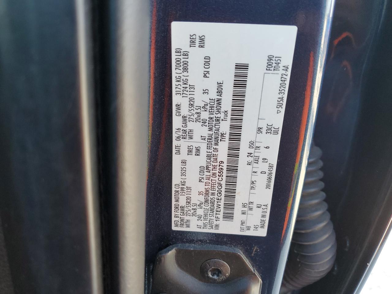 2016 Ford F-150 VIN 1FTEW1EG0GFC55979 Copart auction photo, burn damage thumbnail 12