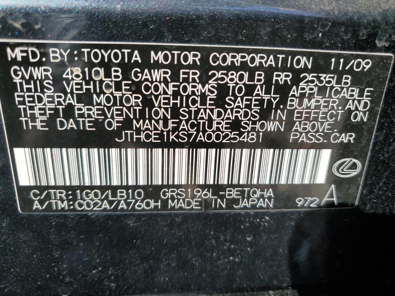 2010 Lexus GS VIN JTHCE1KS7A0025481 Copart auction photo, side damage thumbnail 12