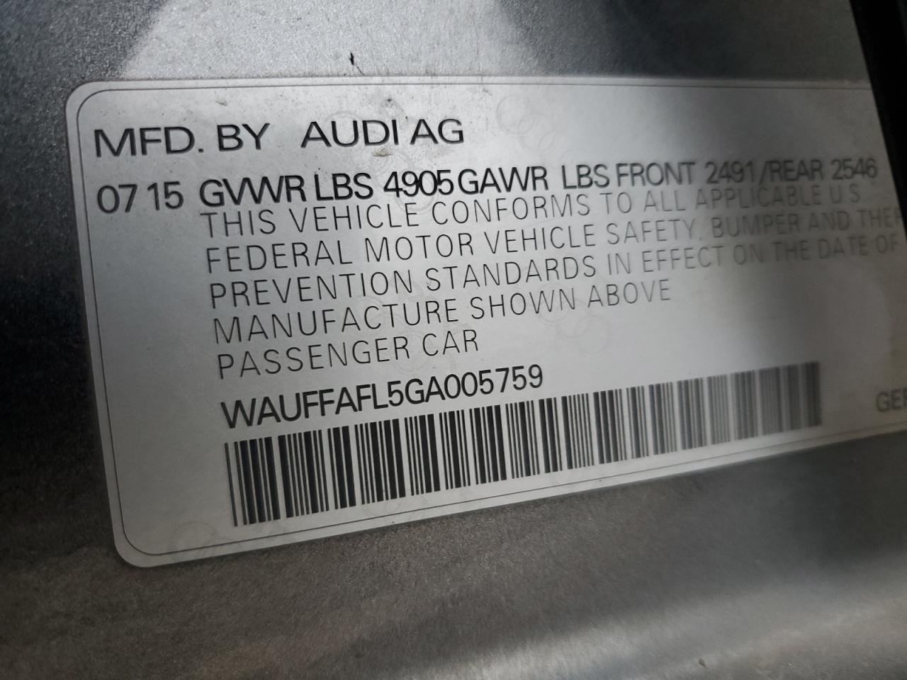 2016 Audi A4 VIN WAUFFAFL5GA005759 Copart auction photo, side / rear end damage thumbnail 12