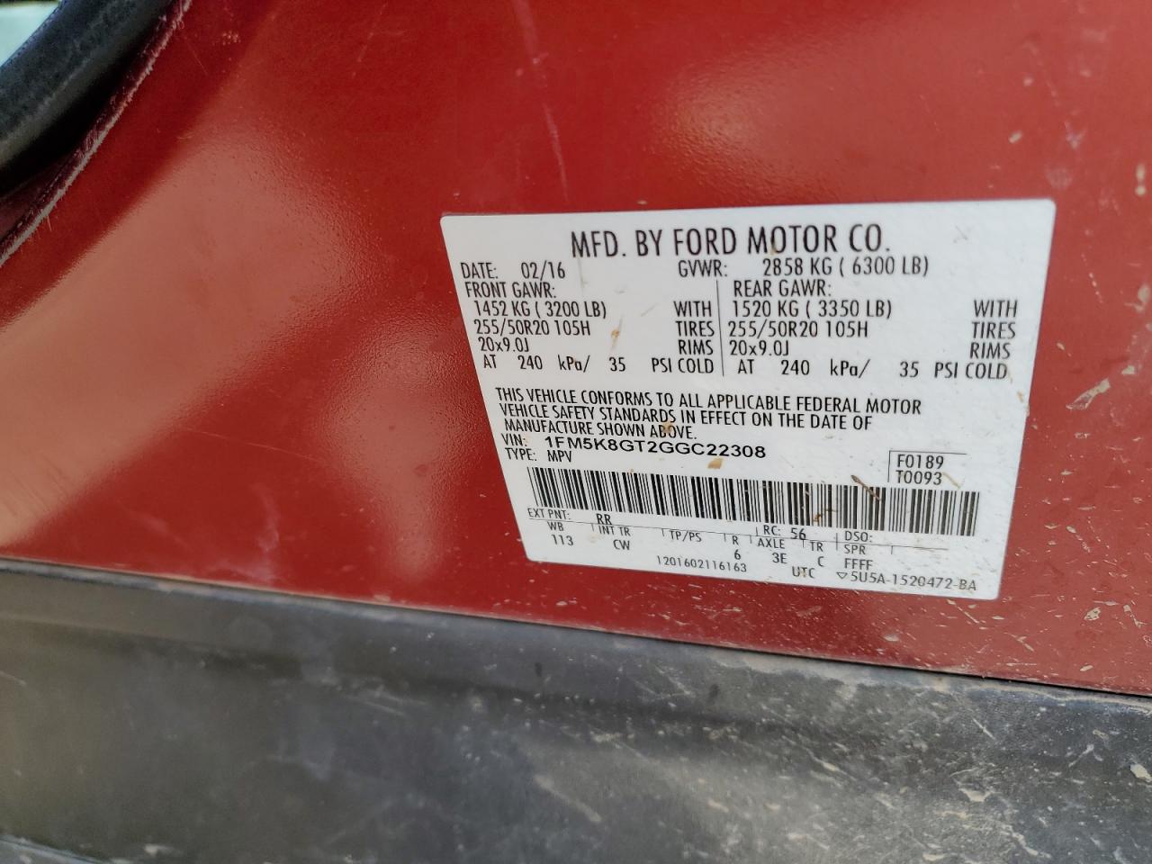 2016 Ford Explorer VIN 1FM5K8GT2GGC22308 Copart auction photo, front end / all over damage thumbnail 13