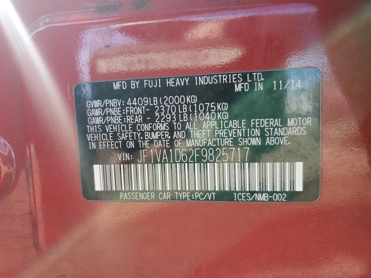 2015 Subaru WRX VIN JF1VA1D62F9825717 Copart auction photo, front end / side damage thumbnail 14